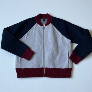 J.Crew NWT Bonded Wool Varsity Sweater Jacket- Dusk/Indigo/Claret- Size Medium